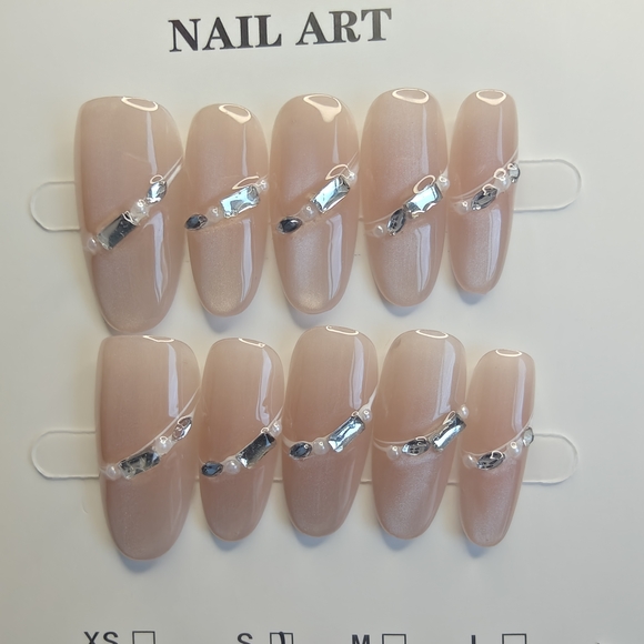 Chic Nude Press-On Nails with Silver Accents - Picture 5 of 9